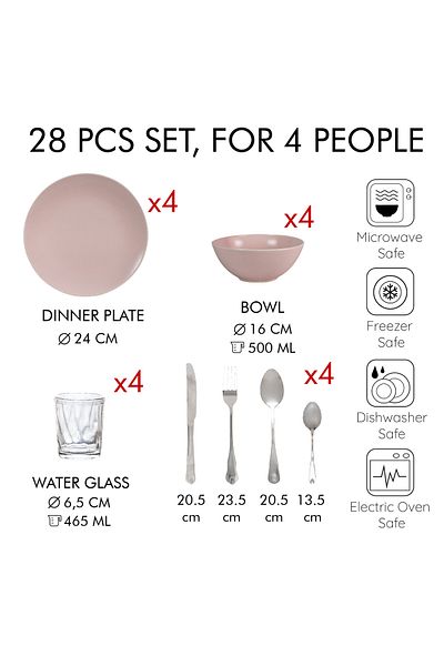 Cesiro Elegance and Practicality: 28-Piece Dining Set - The Perfect Choice, for 4 People, Matte Pink