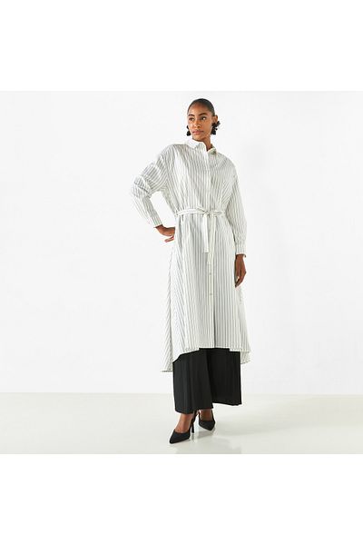 FAV Striped High Low Shirt Dress with Long Sleeves and Tie-Up Belt