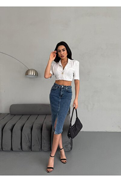 Zeo Basic YIRTMAÇLI MİDİ BOY LİKRALI JEAN ETEK