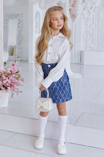 Riccotarz Costum de cămașă albă din șifon brodat cu guler guipur pentru fete cu fustă de jeans cu dungi pătrate