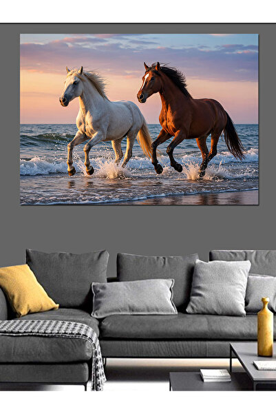 Tablo Mega Kumsalda Koşan Atlar Dekoratif Kanvas - Mdf Ahşap Tablo