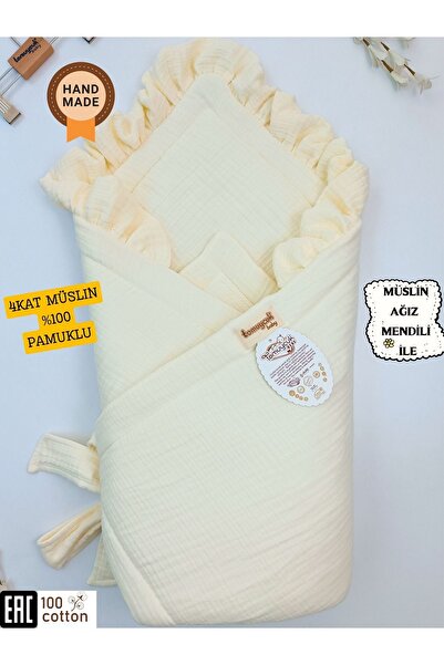 Tomuycuk Ekru 4 Kat Müslin Bebek Battaniyesi - %100 باموكلو ويوموشاك Yenidoğan Uyku Kundağı