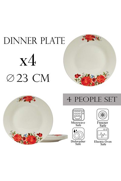Cesiro Set of 4 wide plates 23 cm, for 4 people, Ivoire with red rose