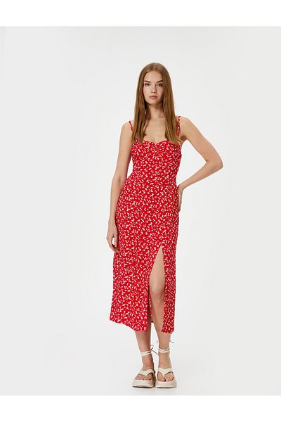 Koton New Season Midi Floral Dress Thin Strap Front Slit Detail Viscose Fabric Heart