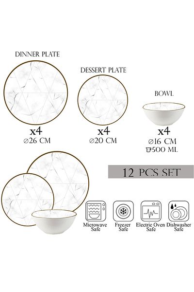 Cesiro 12-piece plate set, 4 people, bowl set - Ensemble Marmura Aurea - Italian Porcelain Dinnerware Set