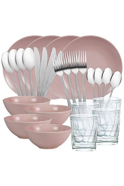 Cesiro Elegance and Practicality: 28-Piece Dining Set - The Perfect Choice, for 4 People, Matte Pink