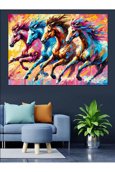 Tablomega Ilustrație de cai colorați Canvas decorativ - MDF Lemn