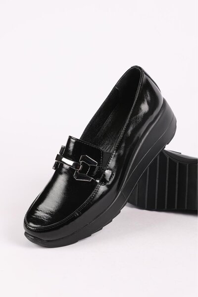 Hayati Arman Women's Genuine Leather Buckle Detailed Comfort Shoes Black Patent Leather