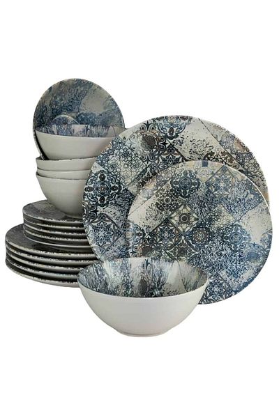 Cesiro 18-piece plate set, for 6 people, Blue Tiles, Cesiro, Ivory/Blue