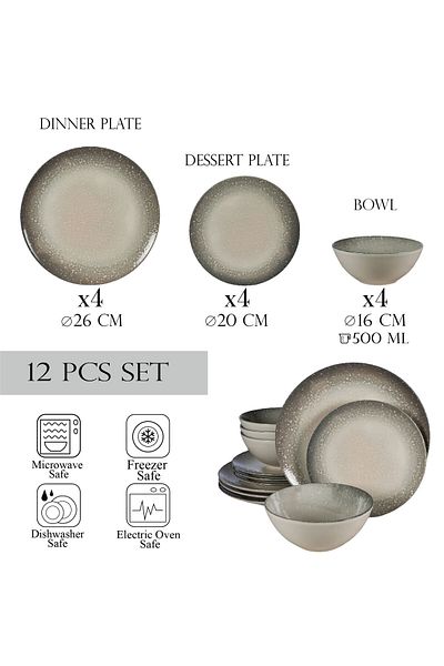 Cesiro 12-piece plate set, for 4 people, Stone, Cesiro, Glossy Ivoire White with Gray