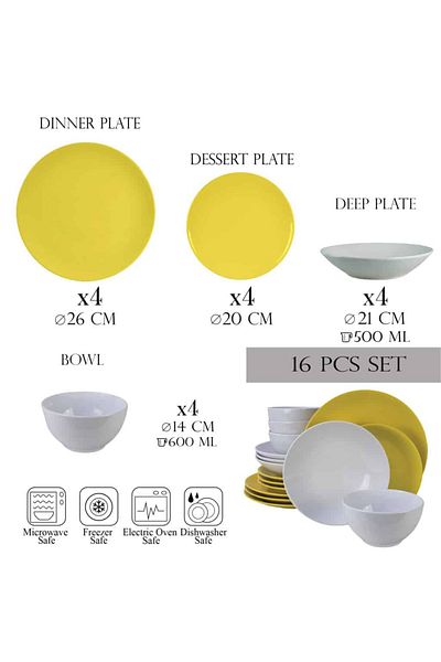 Cesiro 16-piece plate set, for 4 people, Thunder, Cesiro, White/Neon Yellow