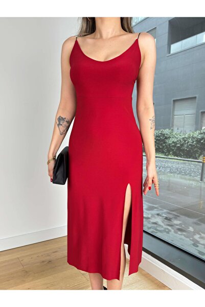 modaçelikler İnce Askılı Sırt Dekolteli Eteği Yırtmaçlı Mirela Kadın Kırmızı ...