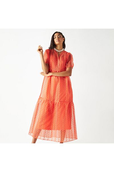 FAV Floral Textured Tiered Maxi Dress with Puff Sleeves