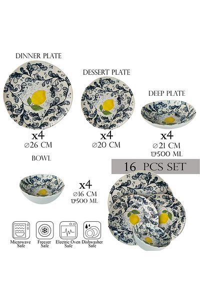 Cesiro 16-piece plate set, 4 people-Ensemble Limone Elegante - Italian Porcelain Dinnerware Set