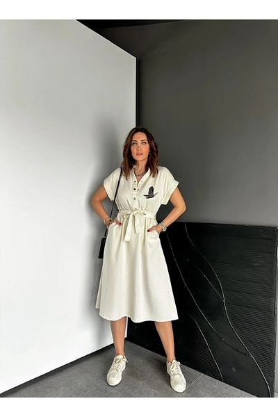QİMYA BUTİK EGZOTİK ASORTIK Γυναικείο στήθος πουλί κεντημένο ελαστικό στη μέση ζωσμένο γιακά με κουμπωτά βαμβακερό φόρεμα