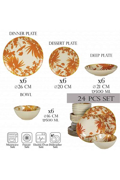 Cesiro 24-piece plate set, for 6 people, Hawaii, Cesiro, Ivory White with orange leaves