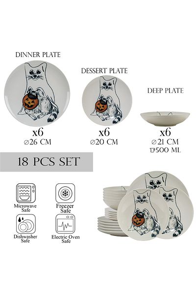 Cesiro 18-piece plate set, for 6 people, Pumpkin Cat, Cesiro, Ivoire with Cat