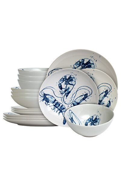 Cesiro 16-piece plate set, for 4 people, Navy Blue, Cesiro, White with shrimp