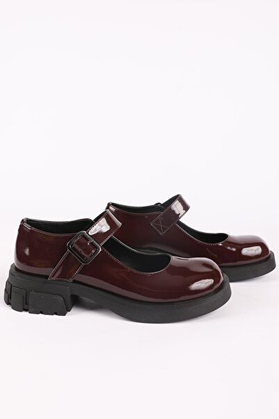 Hayati Arman Women's Single Banded Thick Bottomed Babet Burgundy Patent Leather