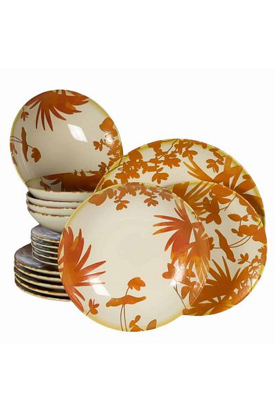 Cesiro 18-piece plate set, for 6 people, Hawaii, Cesiro, Ivory white decorated with orange leaves