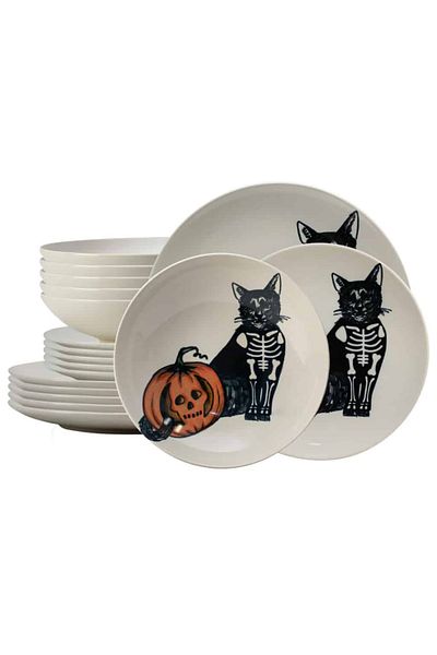 Cesiro 18-piece plate set, for 6 people, Skeleton Kitty, Cesiro, Ivoire with Cat
