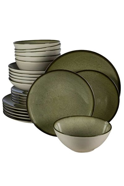 Cesiro 24-piece plate set, for 6 people, Earth Green, Cesiro, White Ivoire with green