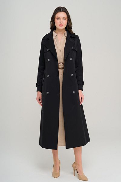 Olcay Double Breasted Water Repellent Trench Coat with Epaulettes and Cape Detail Black 6695