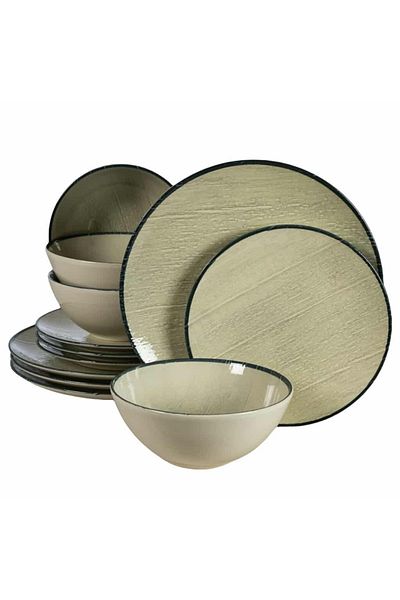 Cesiro 12-piece plate set, for 4 people, Sand, Cesiro, Glossy Ivoire White with black rim