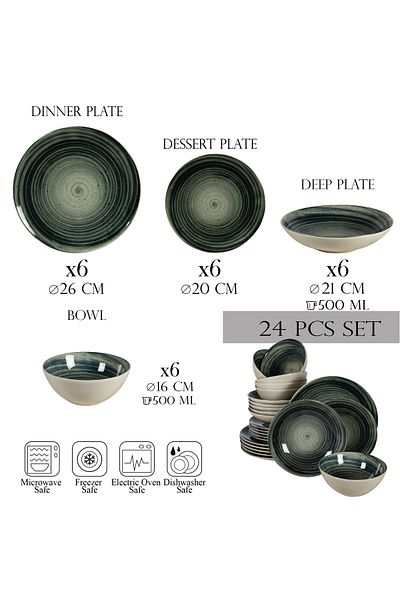 Cesiro 24-piece plate set, for 6 people, Whirlwind, Cesiro, Ivory White with Black