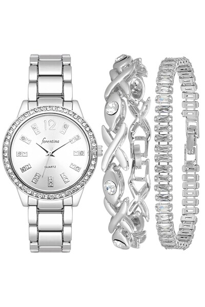 Forentina Gri Metal Kol Saati-Baget Taşlı 2li Bileklik Kombin PS3941