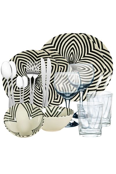 Cesiro Dining set, 18 pieces, for 2 people, Hypnosis, Cesiro, Ivory White with black stripes