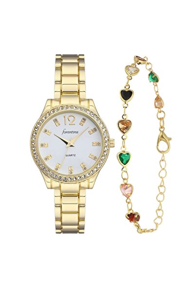 Forentina Gold Metal Kol Saati-Renkli Taşlı Kalpli Bileklik Kombin Set PS4045