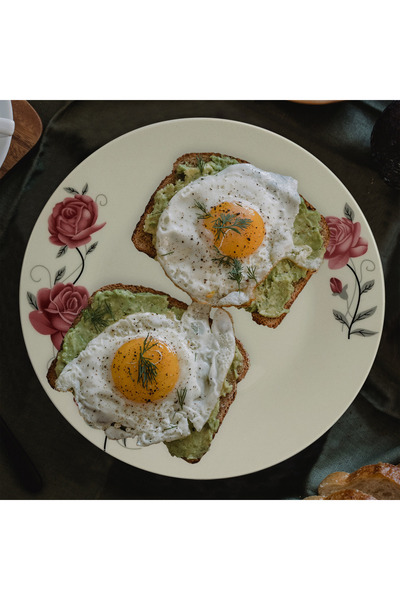 Cesiro Set of 4 wide plates 23 cm for 4 people, Ivoire with pink rose