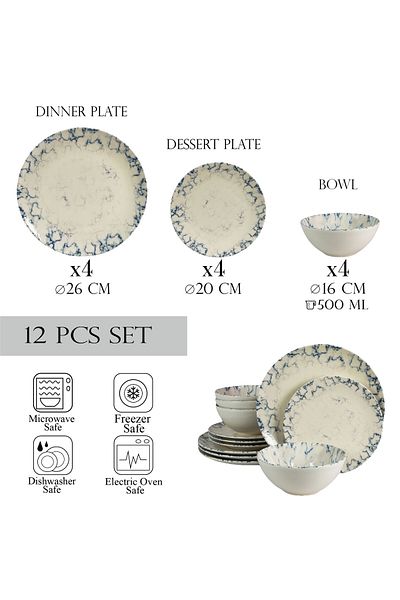 Cesiro 12-piece plate set, for 4 people, Marble, Cesiro, Glossy Ivoire White with Blue