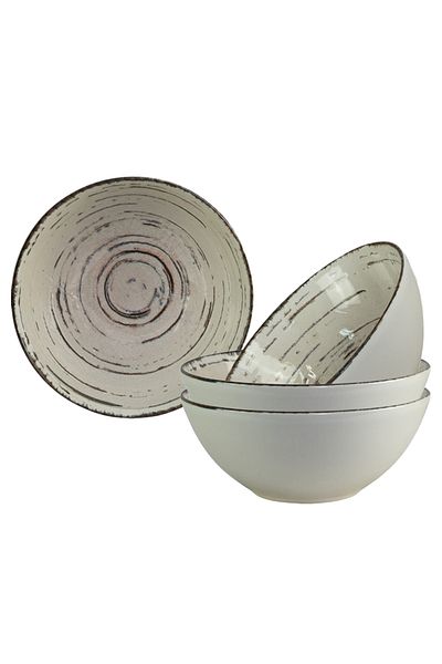 Cesiro Set 4 boluri, 600 ml, Stone, Cesiro, Fabricat in Romania, Alb Ivoire cu linii maro