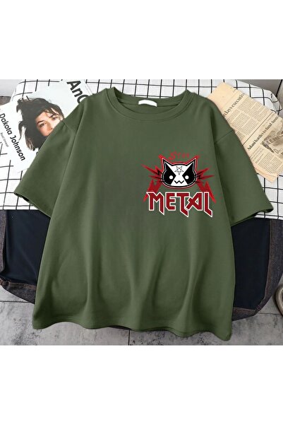 Minga London Χακί Heavy Meowtal Loving Rock-Μεταλλικό μπλουζάκι με στάμπα μπροστά/πίσω -Mingalondon
