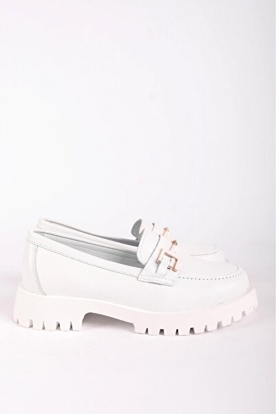 Hayati Arman Women's Genuine Leather Buckle Detailed Loafer Shoes White