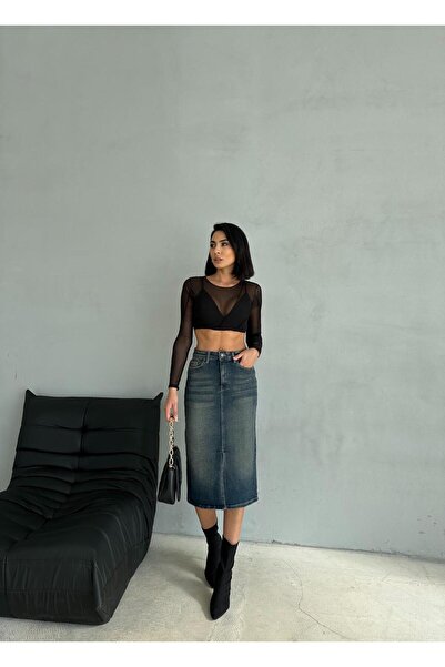 Zeo Basic YIRTMAÇLI MİDİ BOY LİKRALI  JEAN ETEK