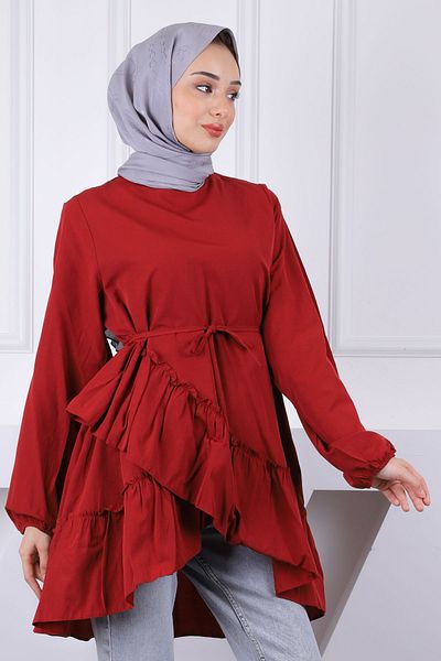 İmajButik Burgundy Skirt Tiered Ruffle Tunic