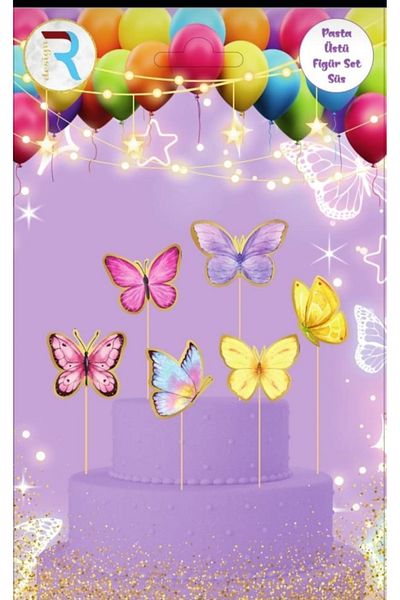 asöy Colorful Butterfly Themed Cake Decoration Figure Set Long Toothpick 6 Pieces