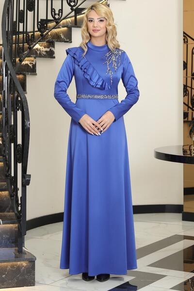 SUBU TASARIM Ada Saten Taşlı Abiye Elbise Indigo Tbselb72