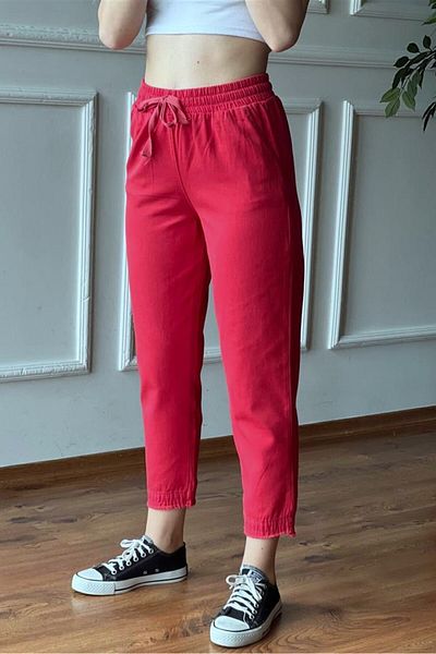Suzi butik Women's Burgundy Elastic Waist Cut-Out Detailed Gabardine Trousers