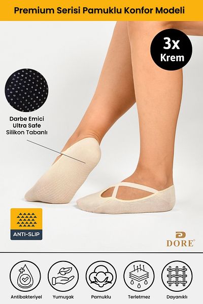 Dore Γυναικεία πιάτα χορού Pilates Yoga - 3 ζευγάρια αντιολισθητικές κάλτσες, 3 x κρέμα