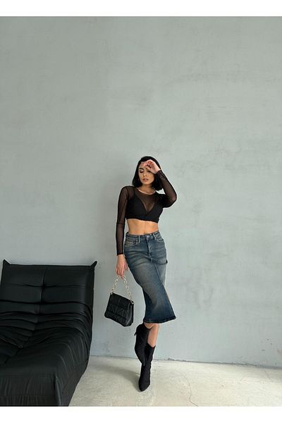 Zeo Basic FUSTA JEAN LICHRA DE LUNGIME MIDI CU SLIT