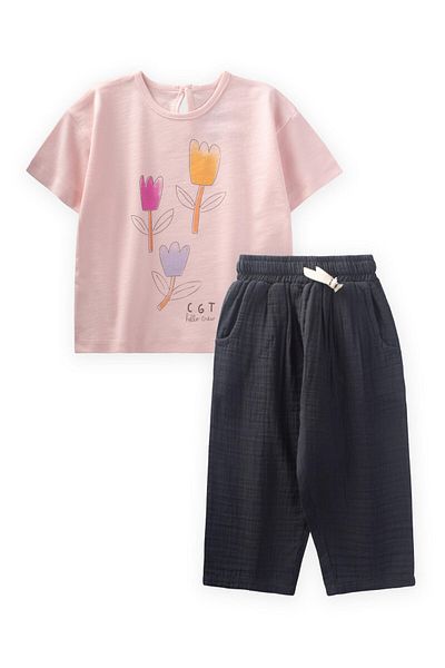 Cigit Colorful Tulip Printed Girls T-Shirt Set 1-7 Years Old Powder Pink