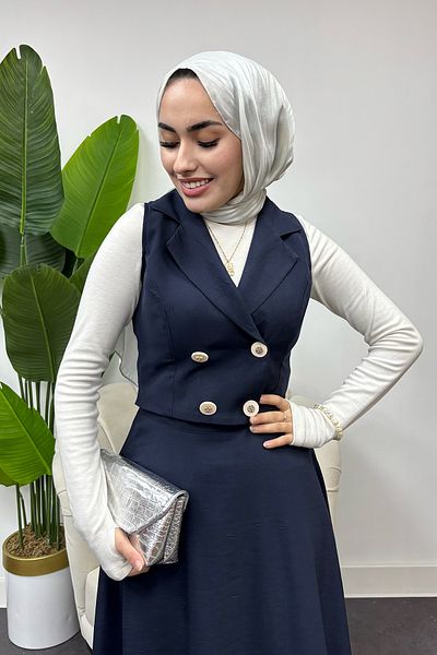 Tesettür Diyarı Women's Four Button Vest Suit - Navy Blue