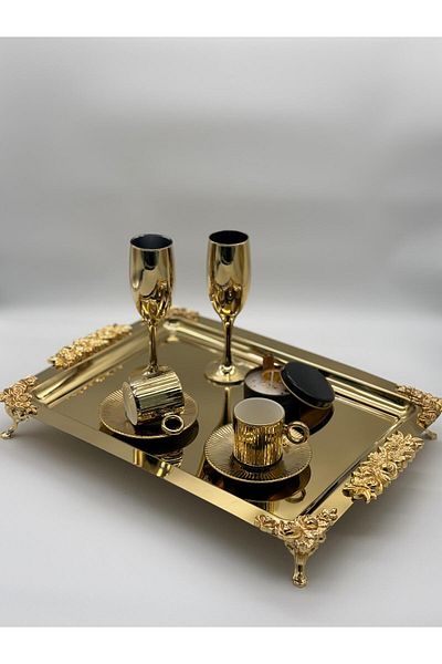 NEWTREND Züccaciye (43X33 cm) Stainless Gold Plated Coffee and Tea Serving Tray with Stylish Accessories