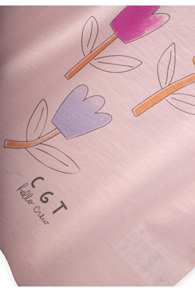 Cigit Colorful Tulip Printed Girls T-Shirt Set 1-7 Years Old Powder Pink