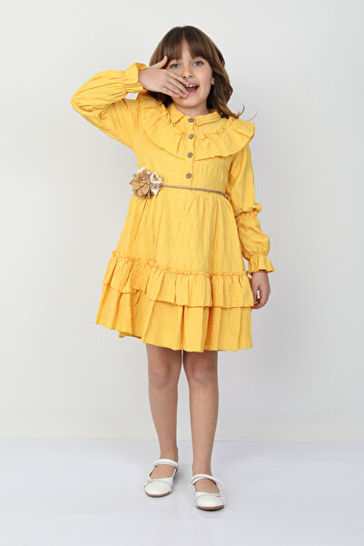 e-çocuk Girl's Rose Detailed Dress with Waist Tie Buttons