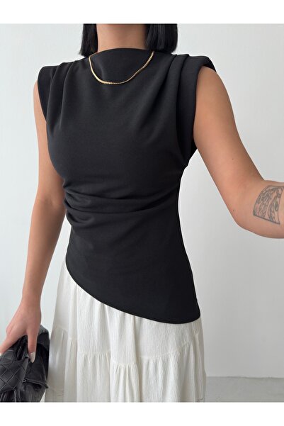 QUTTA Women's Black Padded Stand Collar Asymmetrical Crepe Blouse